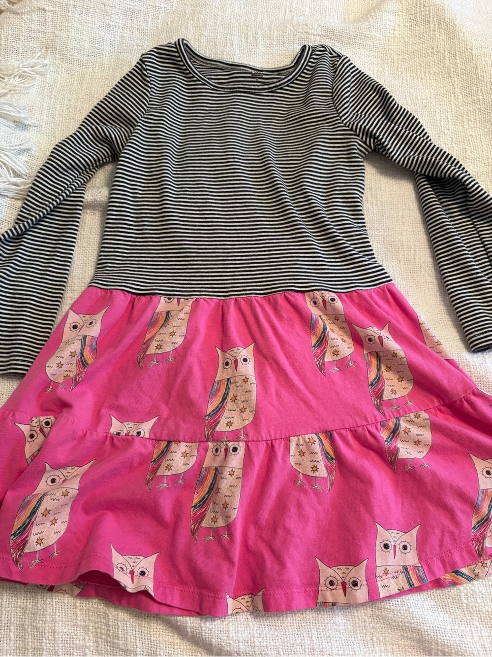 Tea Collection Girls Striped Top Pink Owl Print Dress size 6